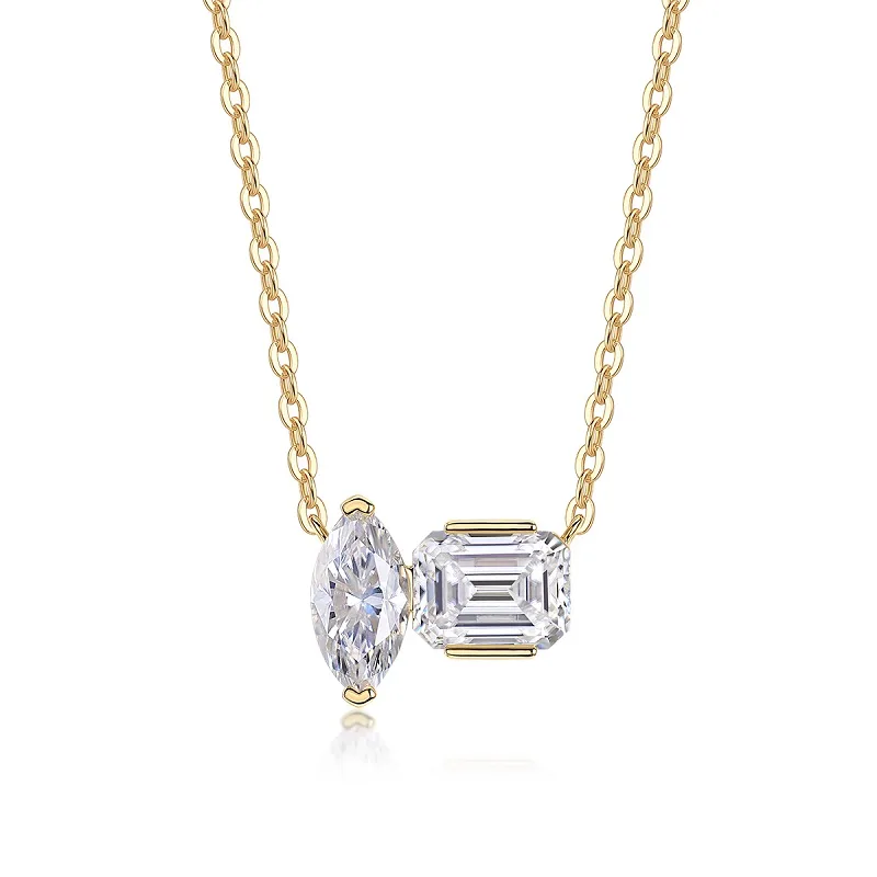 N14918 S925 Silver 18K Yellow Gold Two-Stone Minimalist Necklace 3.0ct