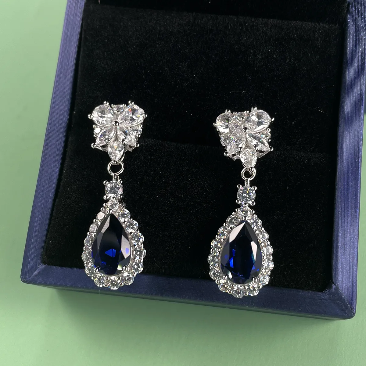 E0041 S925 Silver 18K White Gold Teardrop Lab-Grown Gemstone Earrings Center Stone 11*7mm/ Stones