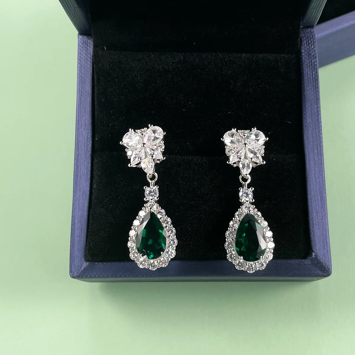 E0041 S925 Silver 18K White Gold Teardrop Lab-Grown Gemstone Earrings Center Stone 11*7mm/ Stones