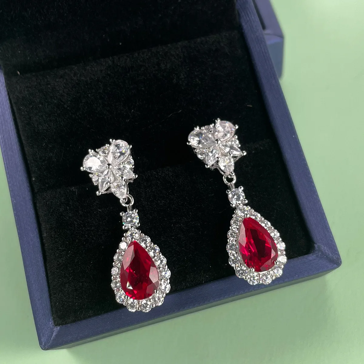 E0041 S925 Silver 18K White Gold Teardrop Lab-Grown Gemstone Earrings Center Stone 11*7mm/ Stones