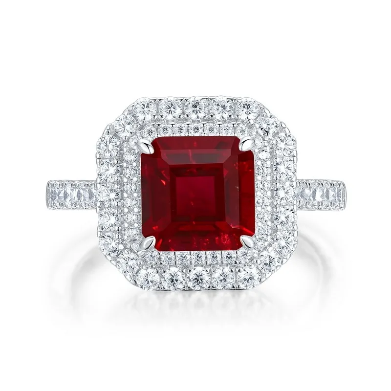 R0028 S925 Silver 18K White Gold Emerald Cut Lab-Grown Gemstone Ring Center Stone 8*8mm