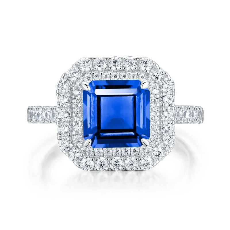 R0028 S925 Silver 18K White Gold Emerald Cut Lab-Grown Gemstone Ring Center Stone 8*8mm