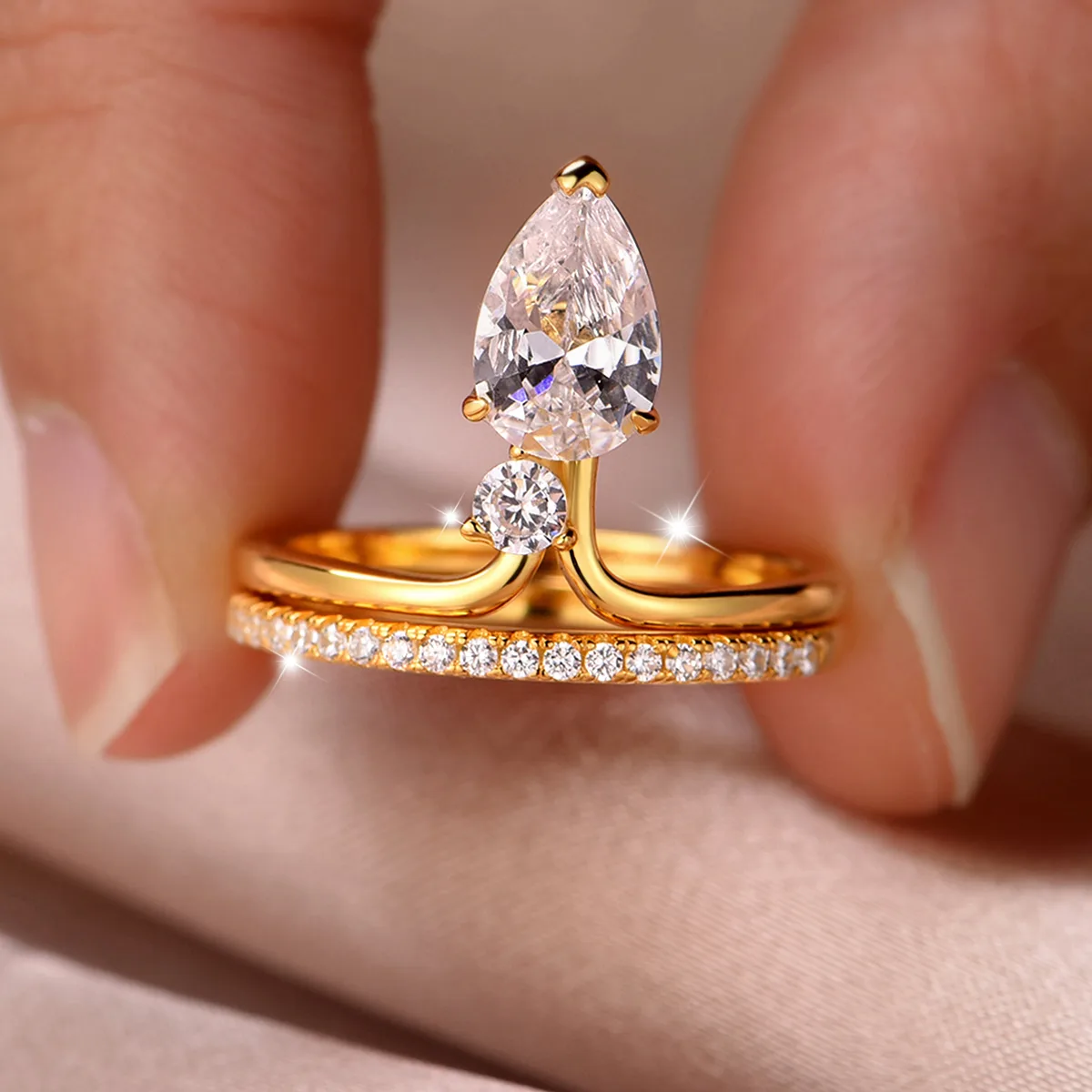 MR0154 S25 Silver 18K Yellow Gold Teardrop Moissanite Personality Bridal Ring Set Center Stone 1.5ct/9*6mm