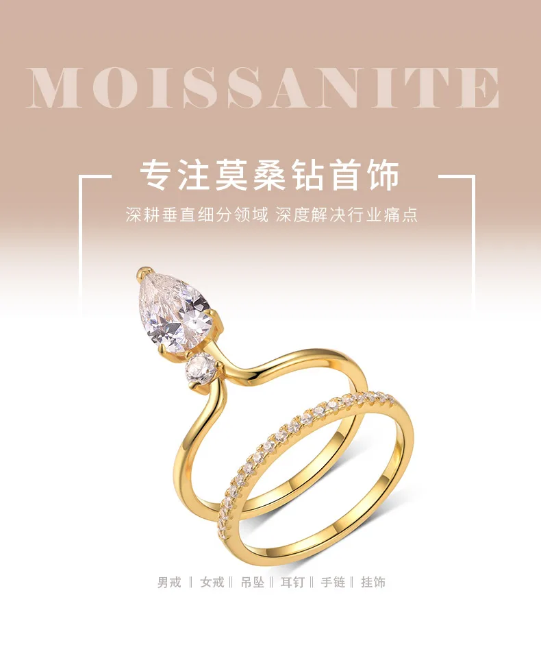 MR0154 S25 Silver 18K Yellow Gold Teardrop Moissanite Personality Bridal Ring Se