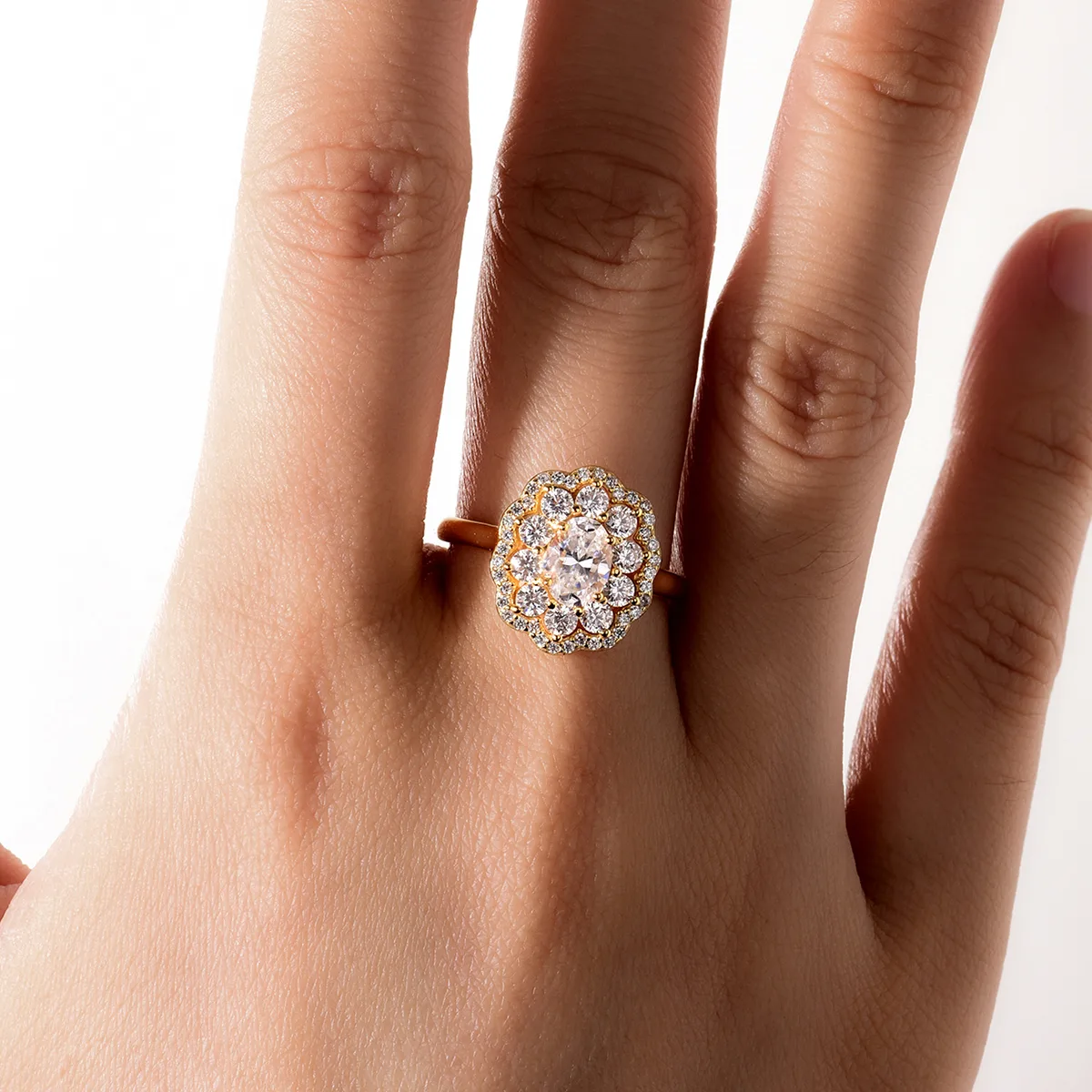 MR0151 S25 Silver 18K Yellow Gold Oval Moissanite Flower Confession Ring Center Stone 1.0ct/7*5mm