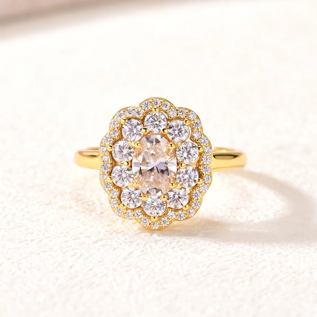 MR0151 S25 Silver 18K Yellow Gold Oval Moissanite Flower Confession Ring Center Stone 1.0ct/7*5mm