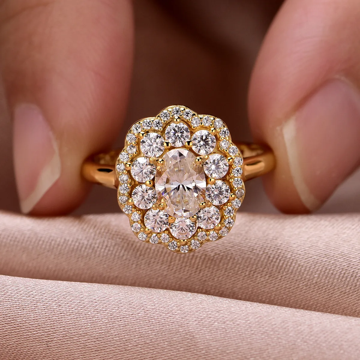 MR0151 S25 Silver 18K Yellow Gold Oval Moissanite Flower Confession Ring Center Stone 1.0ct/7*5mm