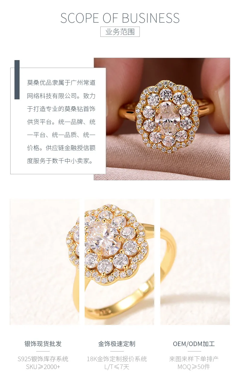 MR0151 S25 Silver 18K Yellow Gold Oval Moissanite Flower Confession Ring Center 