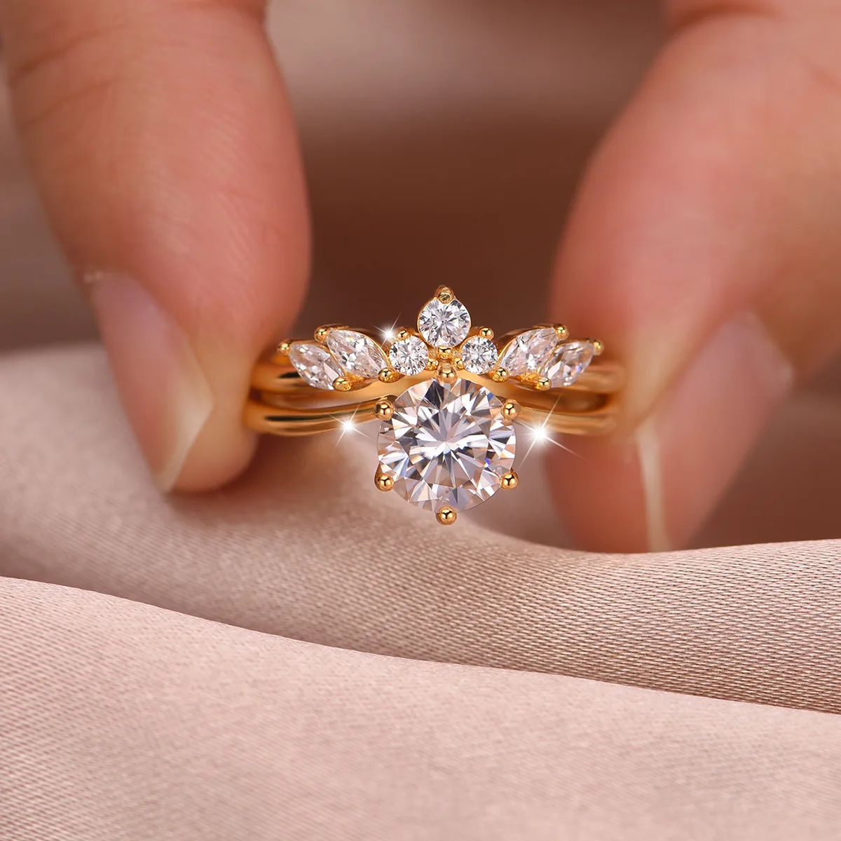 MR0144 S25 Silver 18K Yellow Gold Round Moissanite Delicate Bridal Ring Set Center Stone 1.2ct/7.0mm