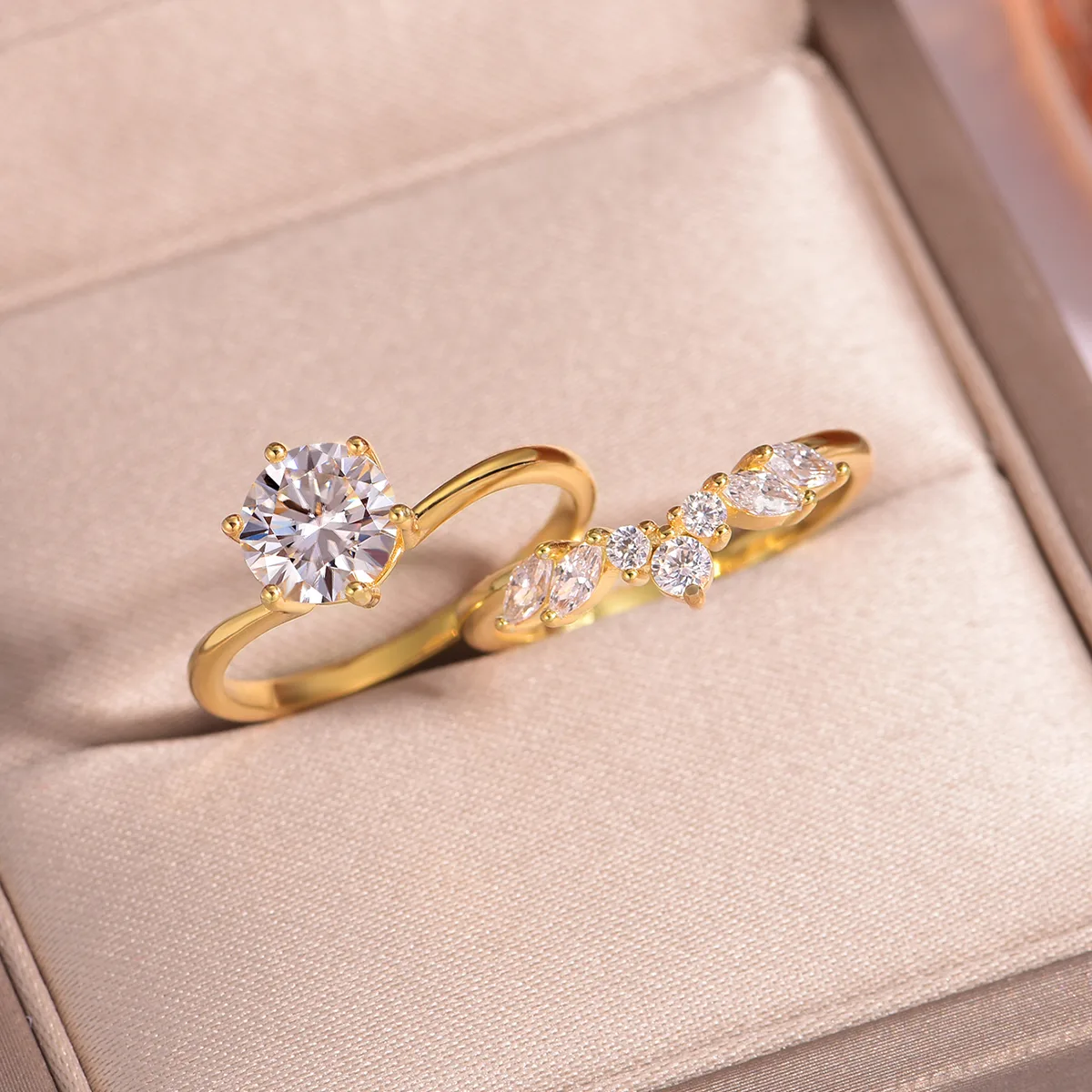 MR0144 S25 Silver 18K Yellow Gold Round Moissanite Delicate Bridal Ring Set Center Stone 1.2ct/7.0mm