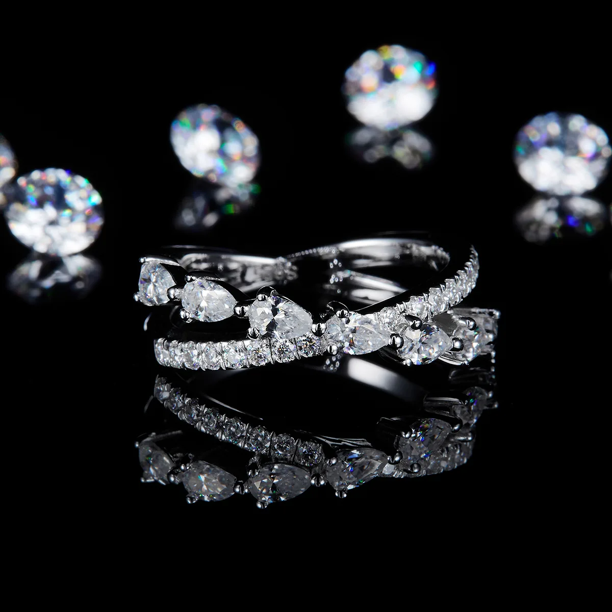 X Teardrop Diamond Band Ring S925 White-Gold-Plated Silver Custom Side Stone Moissanite Promise Ring 1.635ct