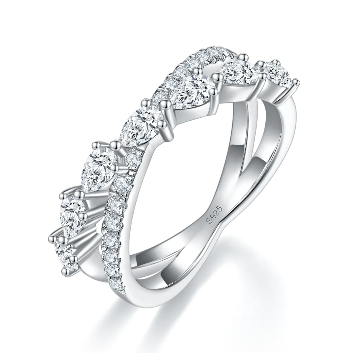 X Teardrop Diamond Band Ring S925 White-Gold-Plated Silver Custom Side Stone Moissanite Promise Ring 1.635ct