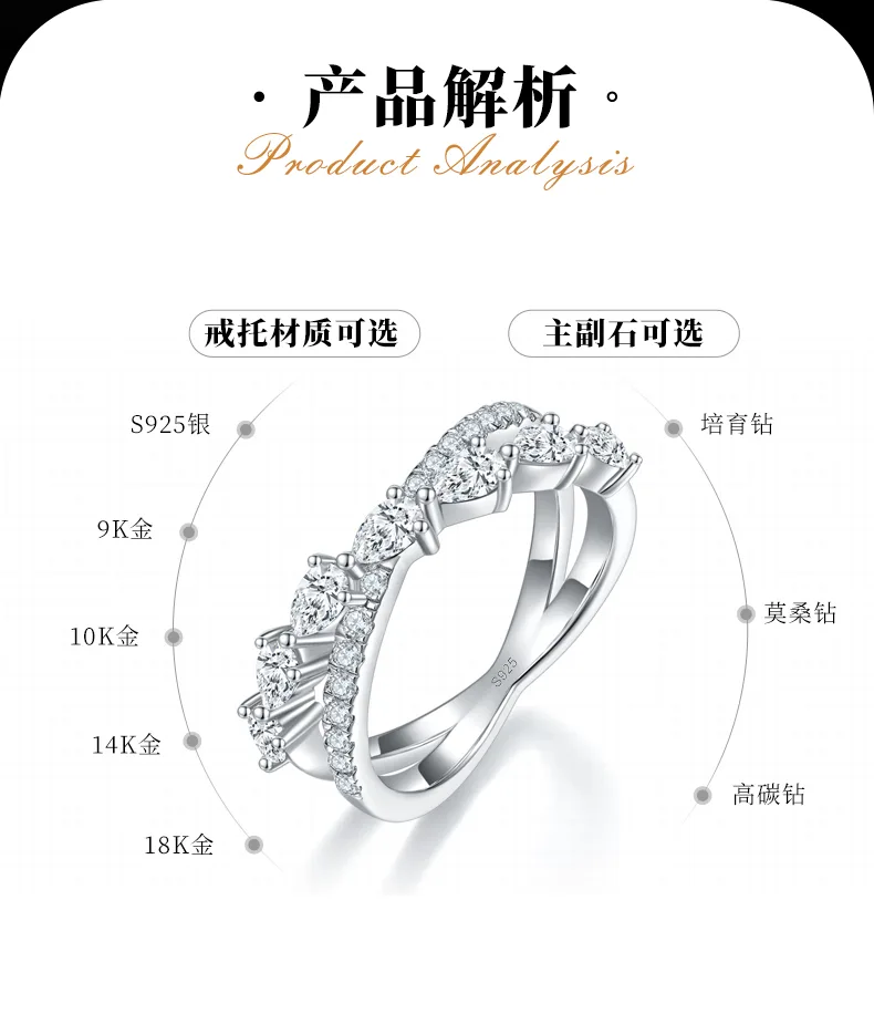 X Teardrop Diamond Band Ring S925 White-Gold-Plated Silver Custom Side Stone Moi