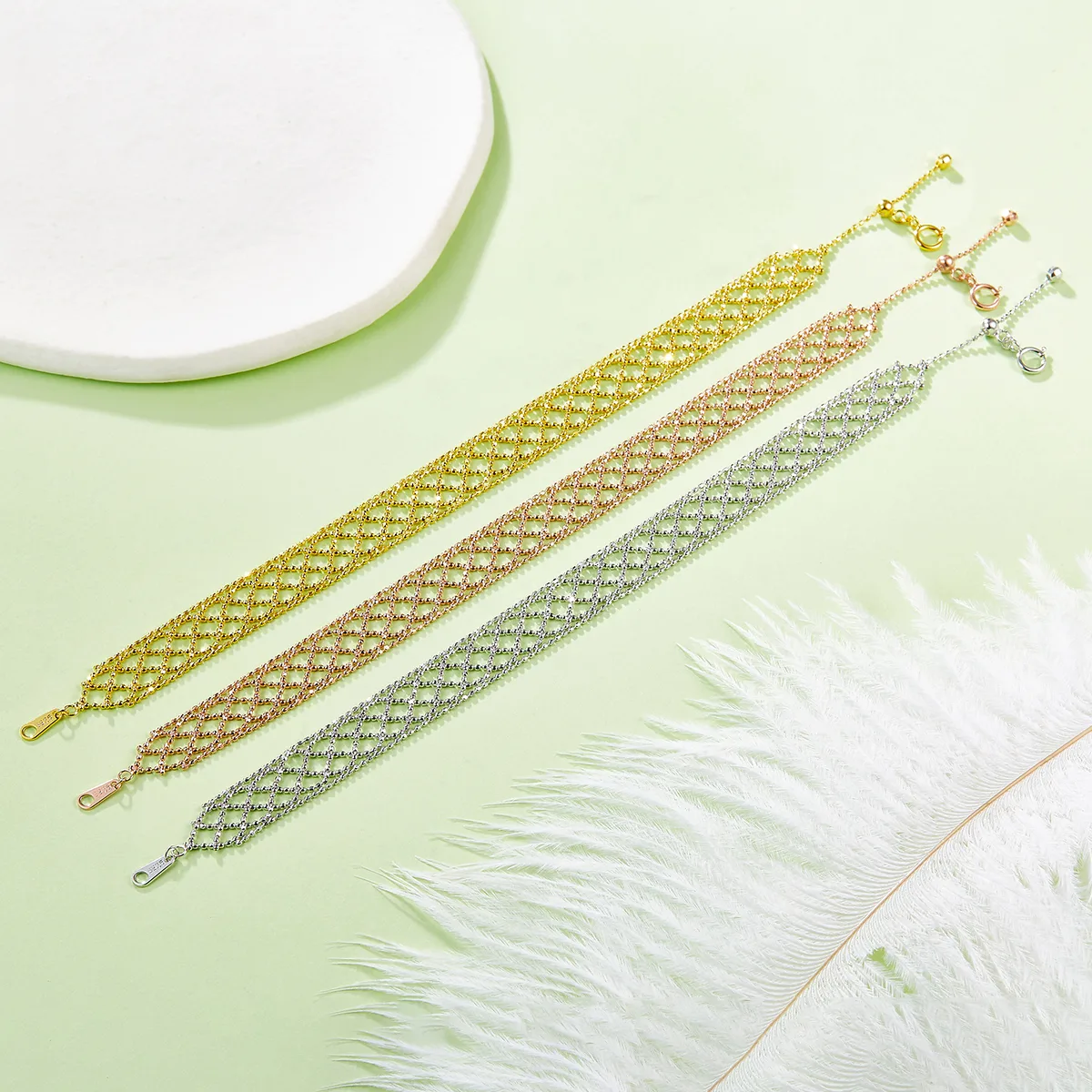 B004 S925 Silver 18K Gold Large Woven Lace Bracelet