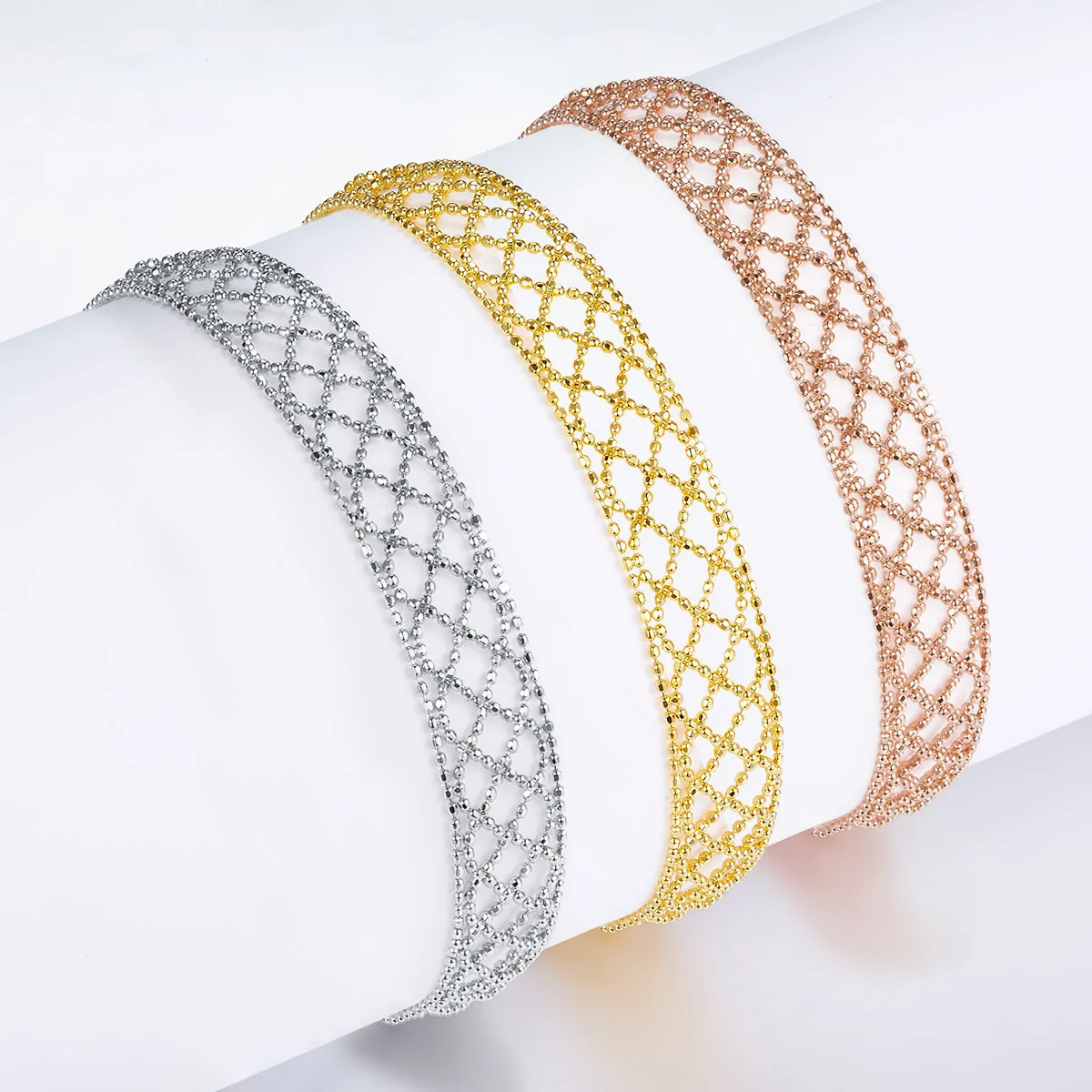 B004 S925 Silver 18K Gold Large Woven Lace Bracelet