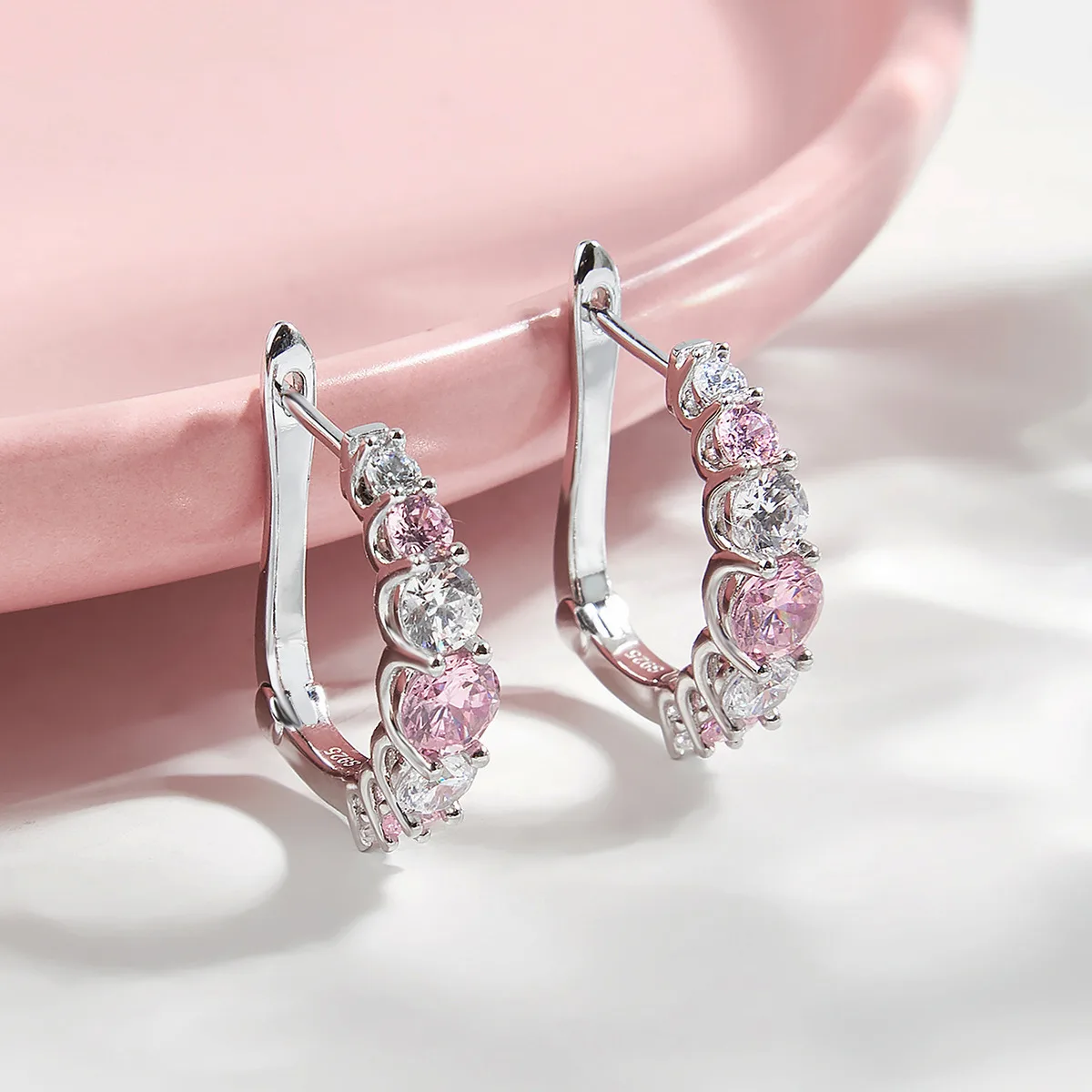 ES04168A2 S925 Silver 18K White Gold Pink High-Carbon Diamond Earrings