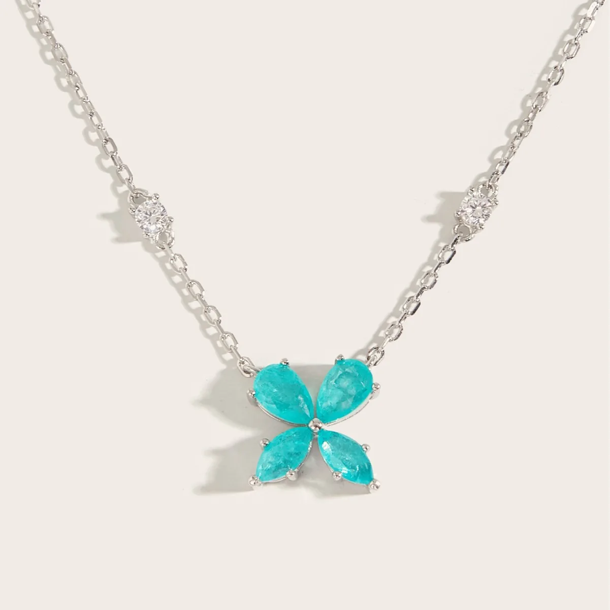 NS02193A1 S925 Silver 18K White Gold Lab-Grown Sapphire Four-Leaf Clover Necklace
