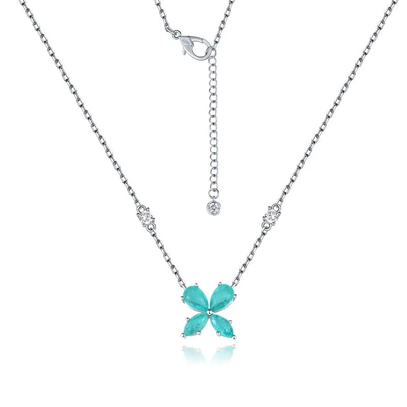 NS02193A1 S925 Silver 18K White Gold Lab-Grown Sapphire Four-Leaf Clover Necklace