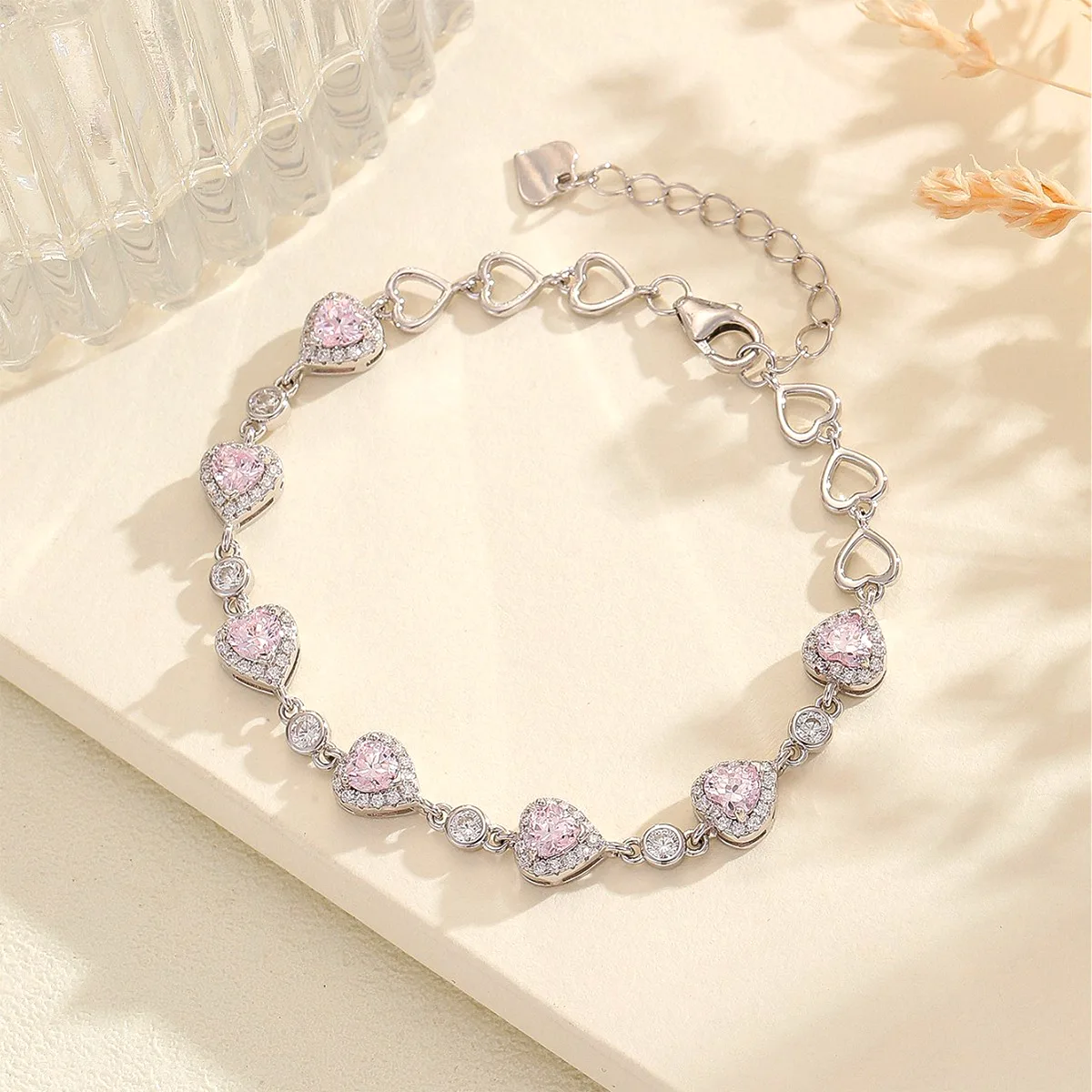 BS01496A3 S925 Silver 18K White Gold Heart High-Carbon Diamond/ Blue Spinel Bracelet
