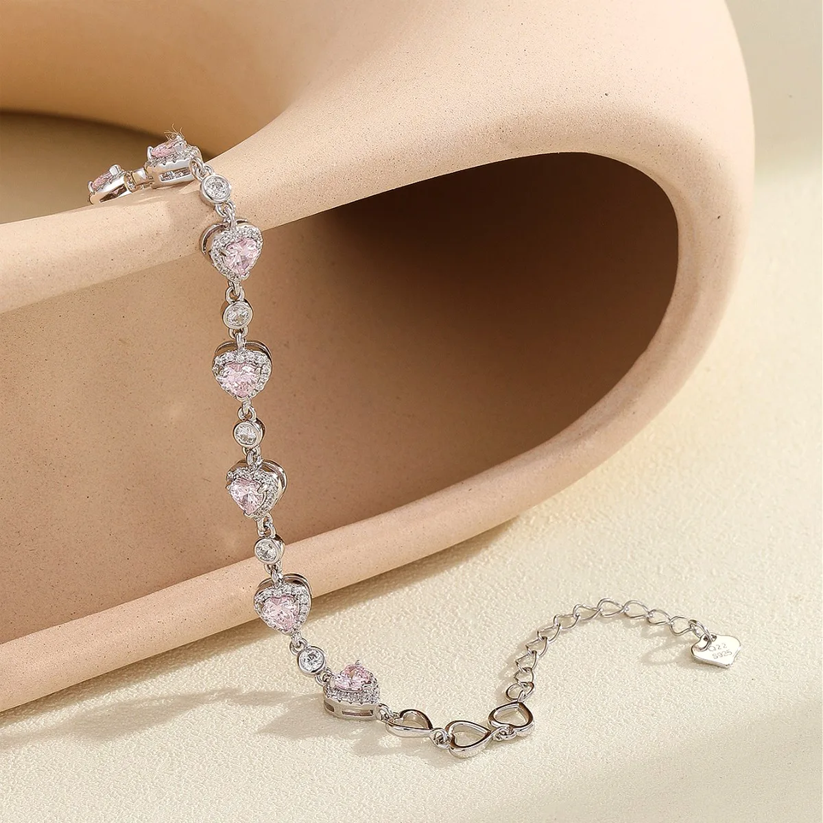 BS01496A3 S925 Silver 18K White Gold Heart High-Carbon Diamond/ Blue Spinel Bracelet