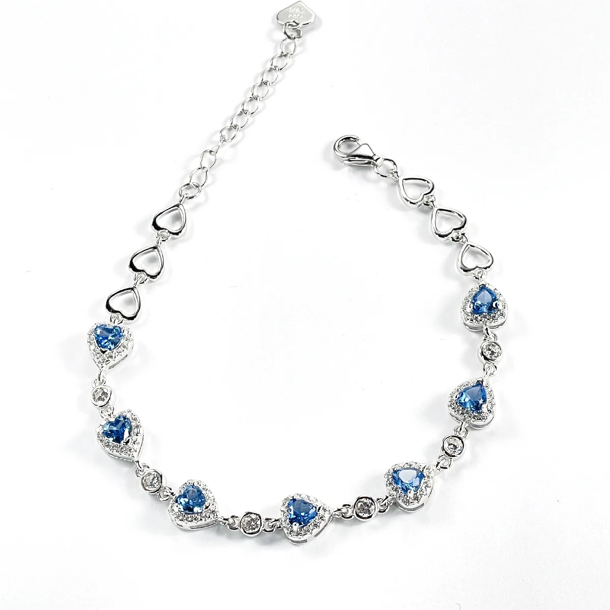 BS01496A3 S925 Silver 18K White Gold Heart High-Carbon Diamond/ Blue Spinel Bracelet