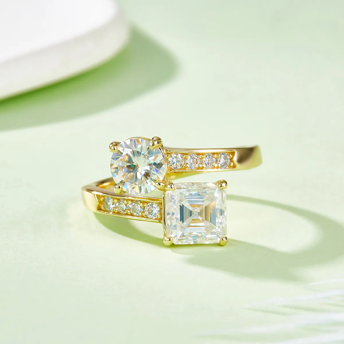 R240927026 S925 Silver 18K Yellow Gold Asscher Round Two-Stone Moissanite Promise Ring Women's Ring 3.0ct
