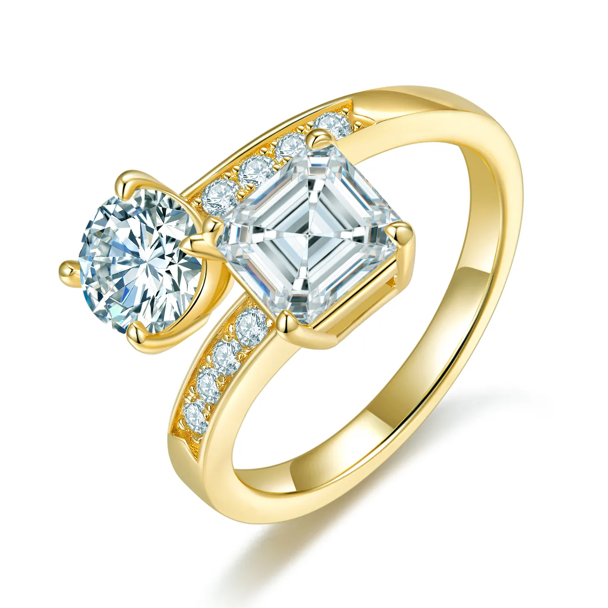 R240927026 S925 Silver 18K Yellow Gold Asscher Round Two-Stone Moissanite Promise Ring Women's Ring 3.0ct