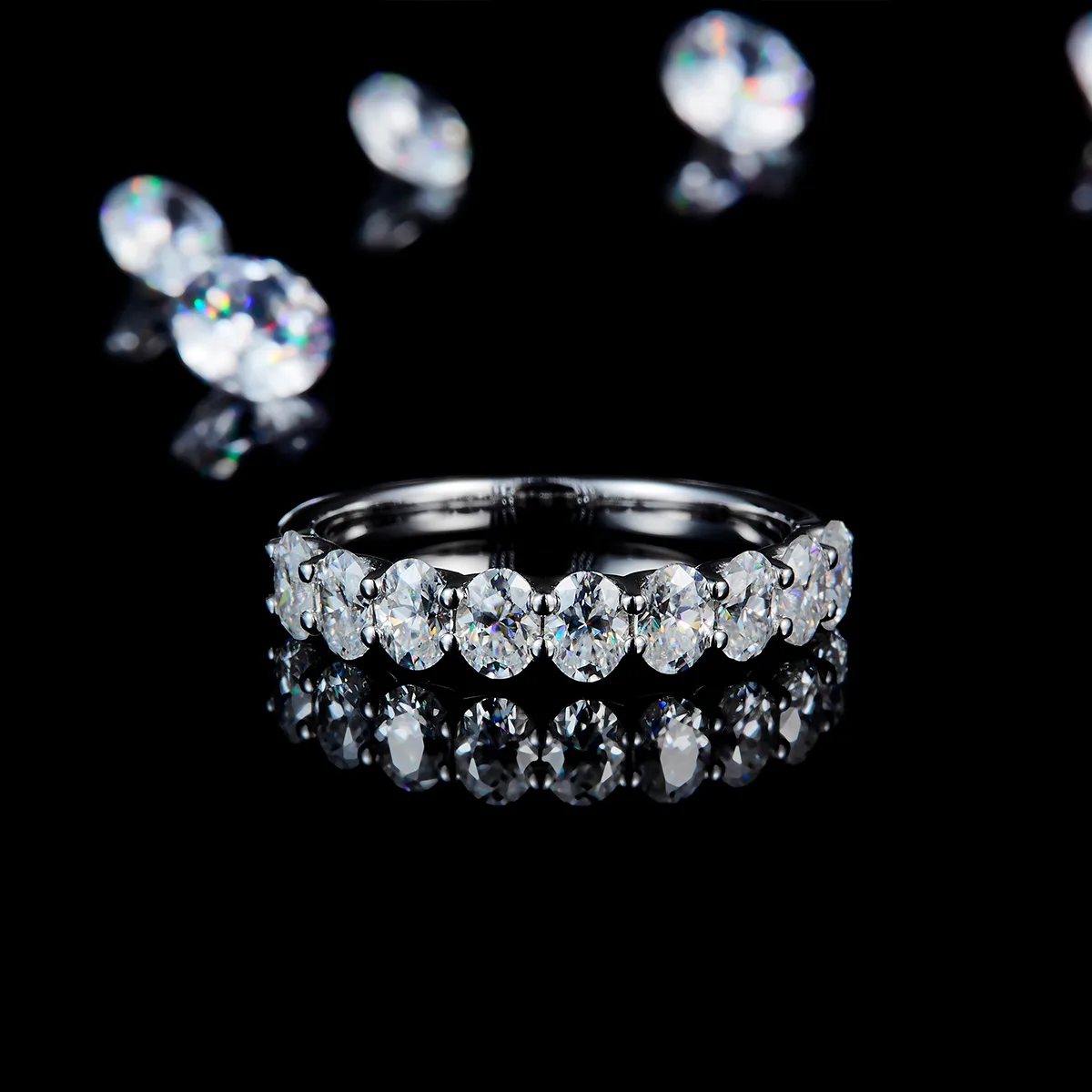 Oval Diamond Band Ring S925 White-Gold-Plated Silver Custom Side Stone Moissanite Promise Ring 2.7ct