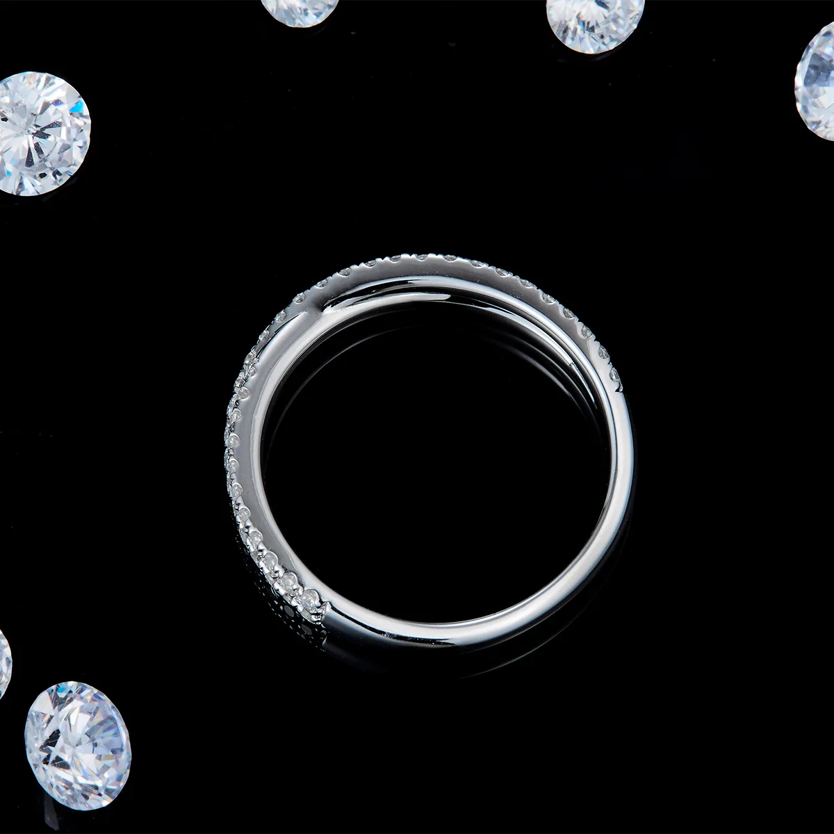 Micro-Pavé Band Ring S925 White-Gold-Plated Silver Custom Side Stone Moissanite Promise Ring 0.41ct