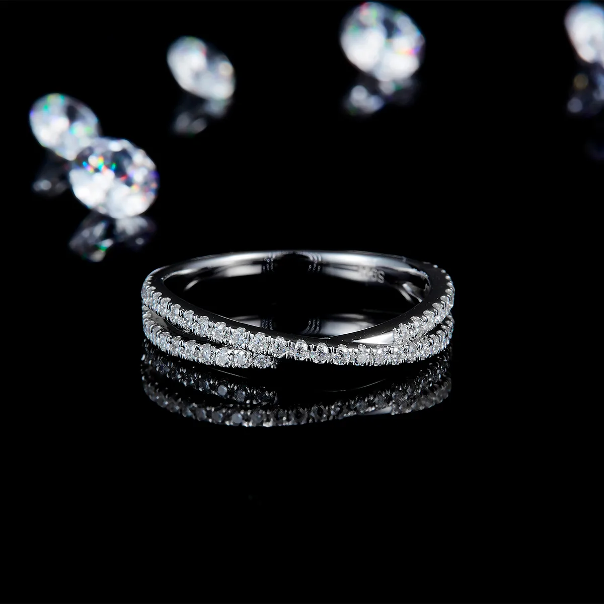Micro-Pavé Band Ring S925 White-Gold-Plated Silver Custom Side Stone Moissanite Promise Ring 0.41ct