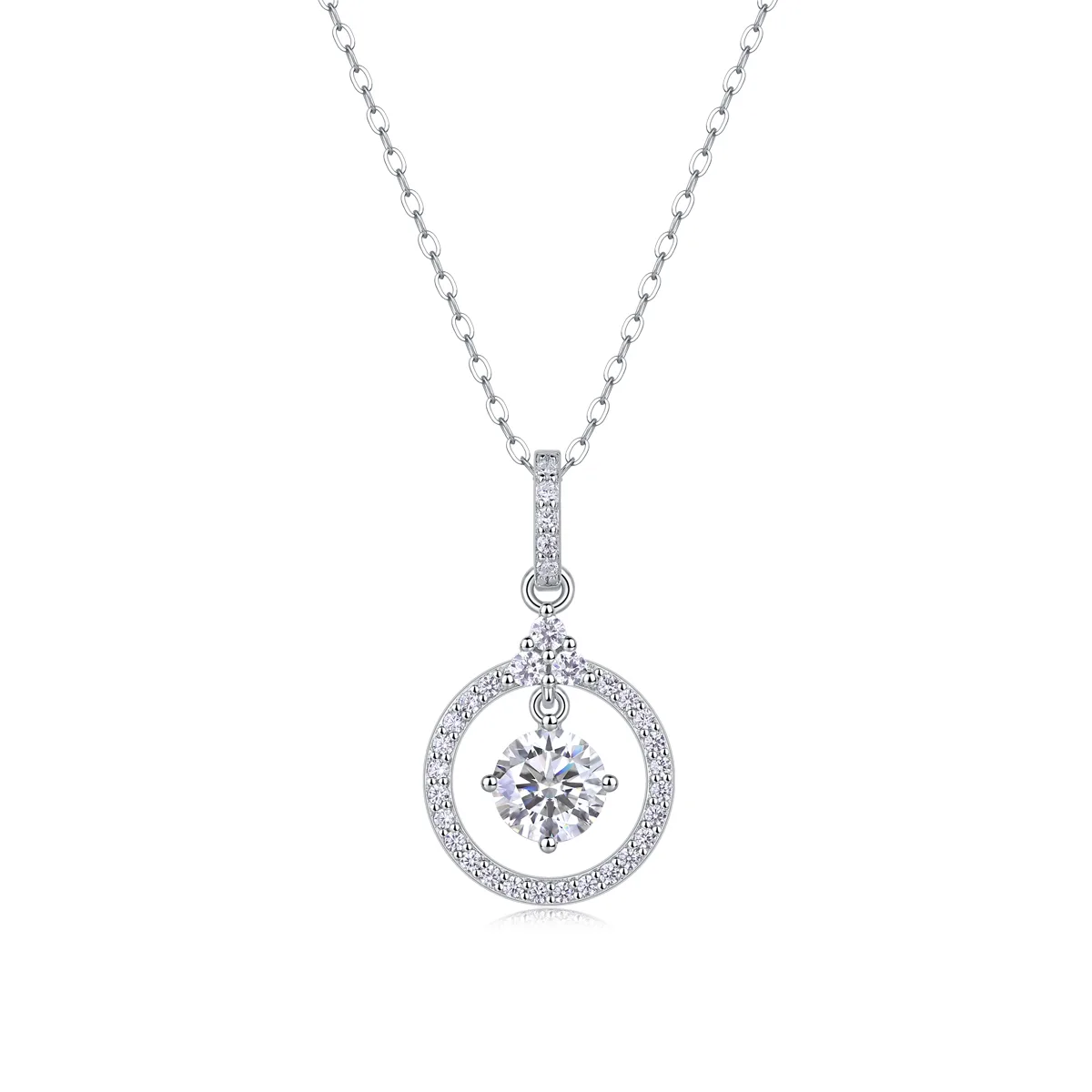 P13587-6.5 S925 Silver 18K White Gold Moissanite Round Pendant Style Necklace 1.0ct