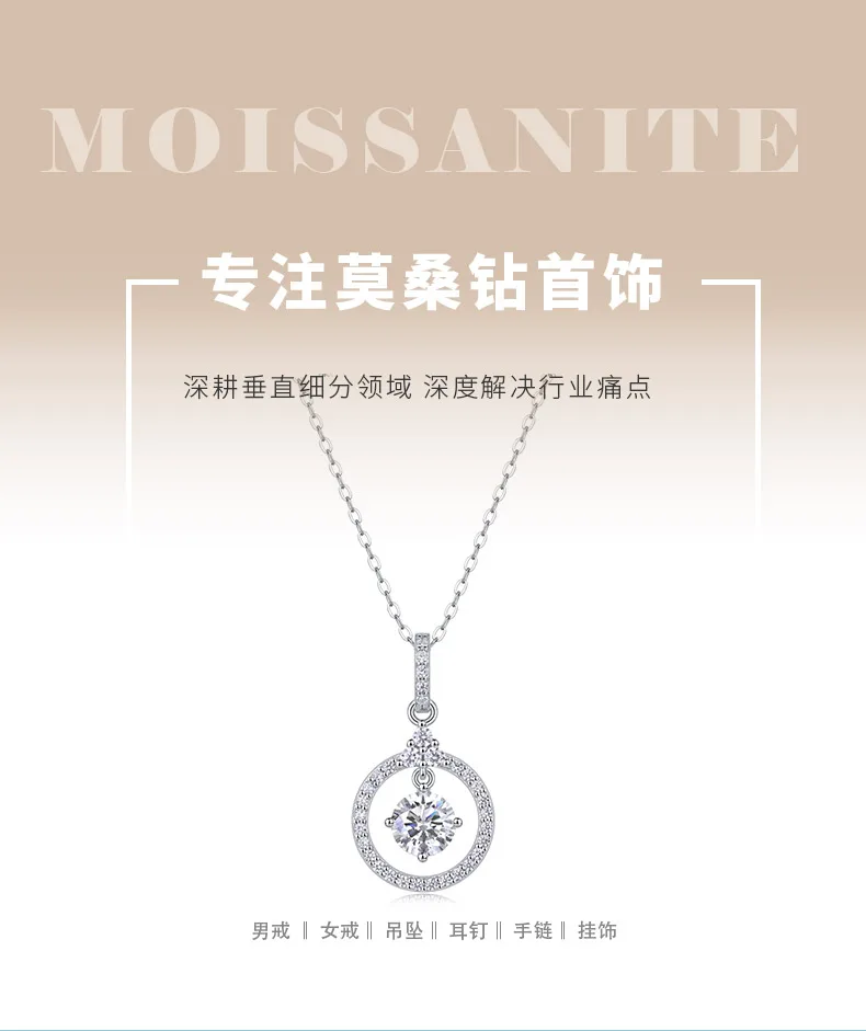 P13587-6.5 S925 Silver 18K White Gold Moissanite Round Pendant Style Necklace 1.