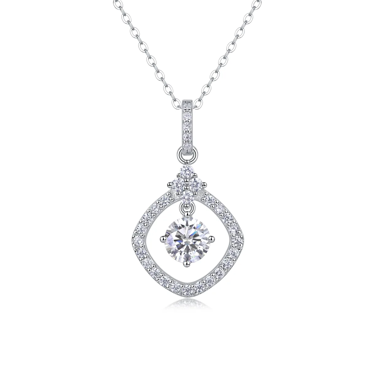 P13586-6.5 S925 Silver 18K White Gold Moissanite Square Pendant Style Necklace 1.0ct