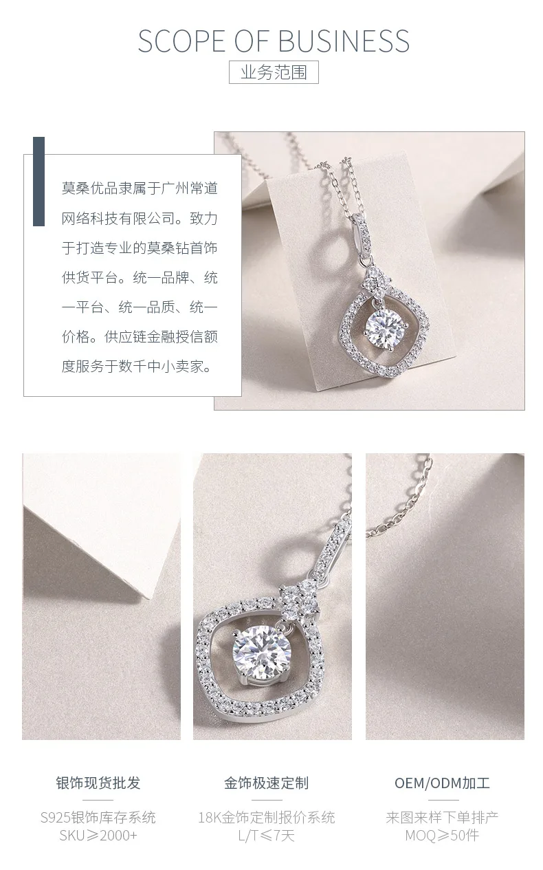P13586-6.5 S925 Silver 18K White Gold Moissanite Square Pendant Style Necklace 1