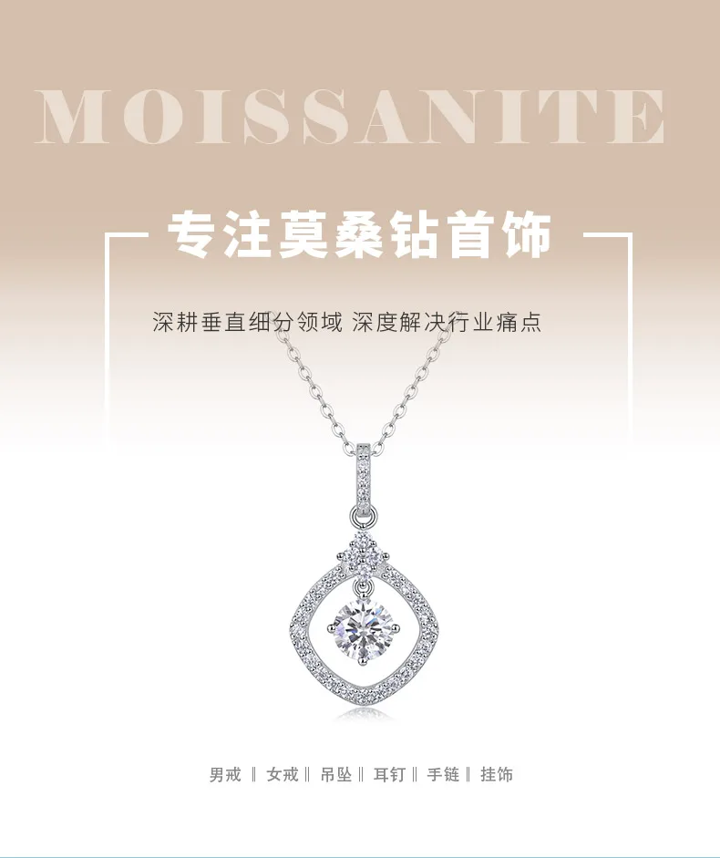 P13586-6.5 S925 Silver 18K White Gold Moissanite Square Pendant Style Necklace 1