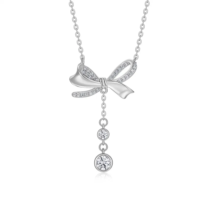 N15449 S925 Silver 18K White Gold Bow Pendant Style Moissanite Necklace 0.96ct