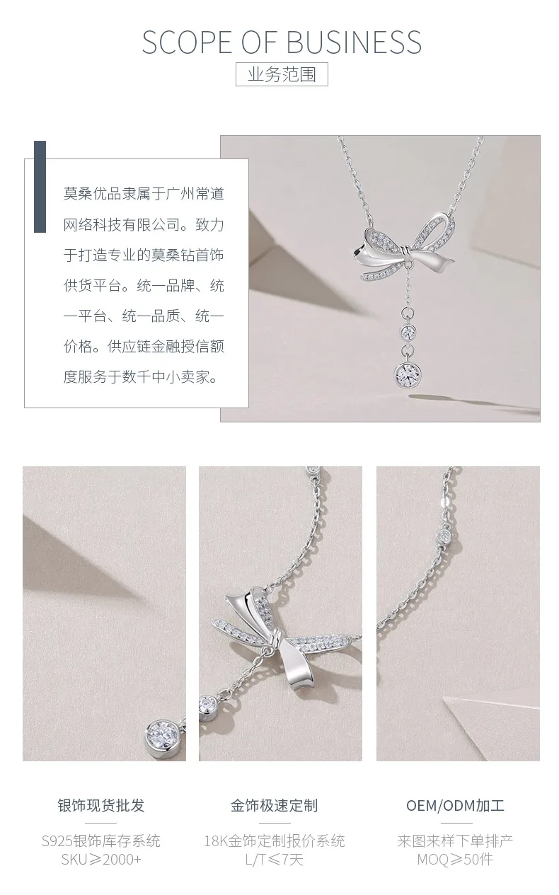 N15449 S925 Silver 18K White Gold Bow Pendant Style Moissanite Necklace 0.96ct d