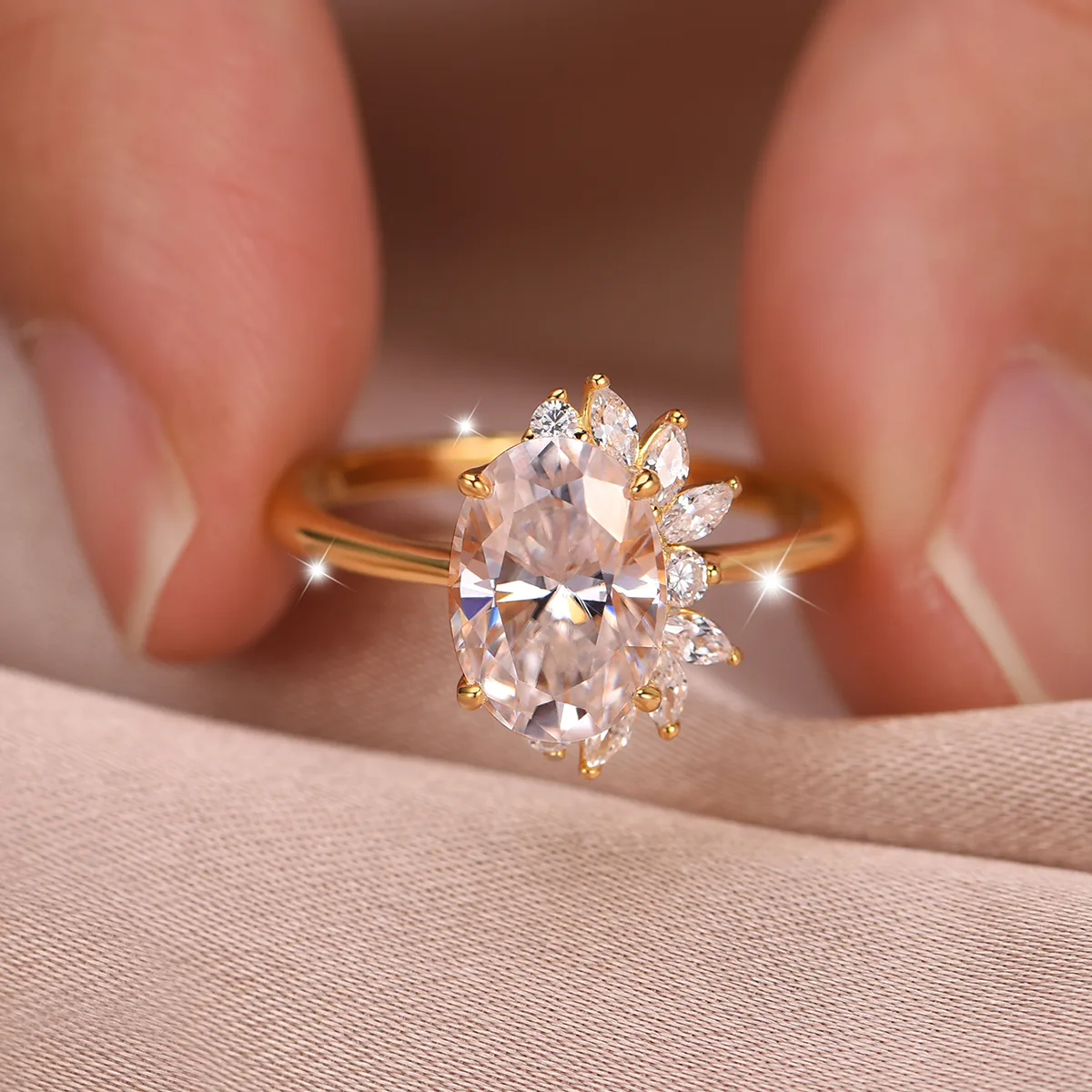 MR0185 S25 Silver 18K Yellow Gold Oval Moissanite Light Luxury Engagement Ring Center Stone 2.5ct/10*7mm