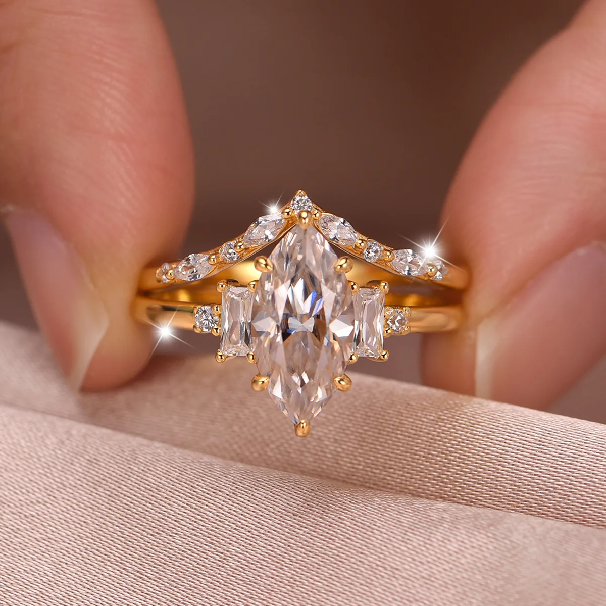 MR0170 S25 Silver 18K Yellow Gold Marquise Moissanite Delicate Bridal Ring Set Center Stone 2.0ct/12*6mm