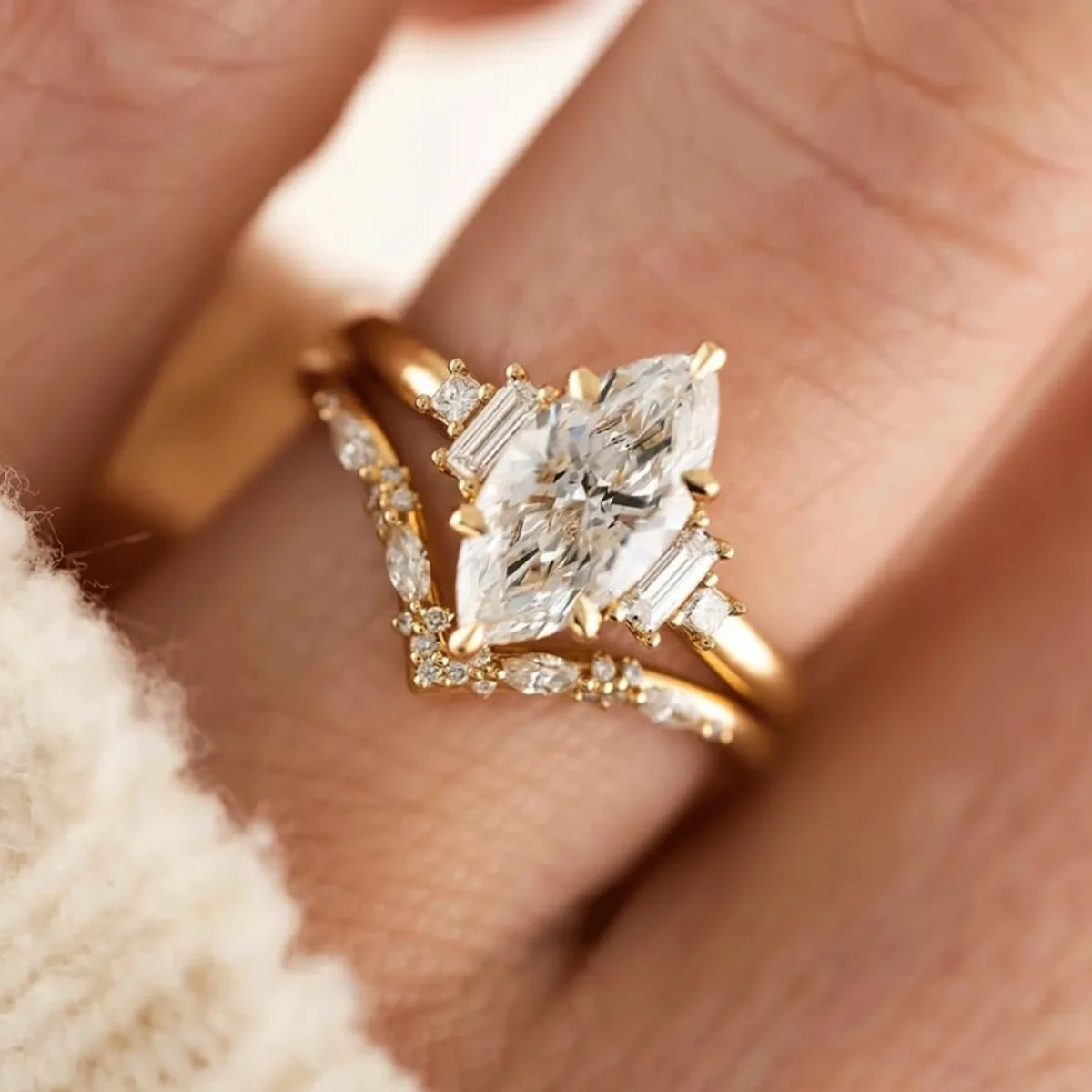 MR0170 S25 Silver 18K Yellow Gold Marquise Moissanite Delicate Bridal Ring Set Center Stone 2.0ct/12*6mm