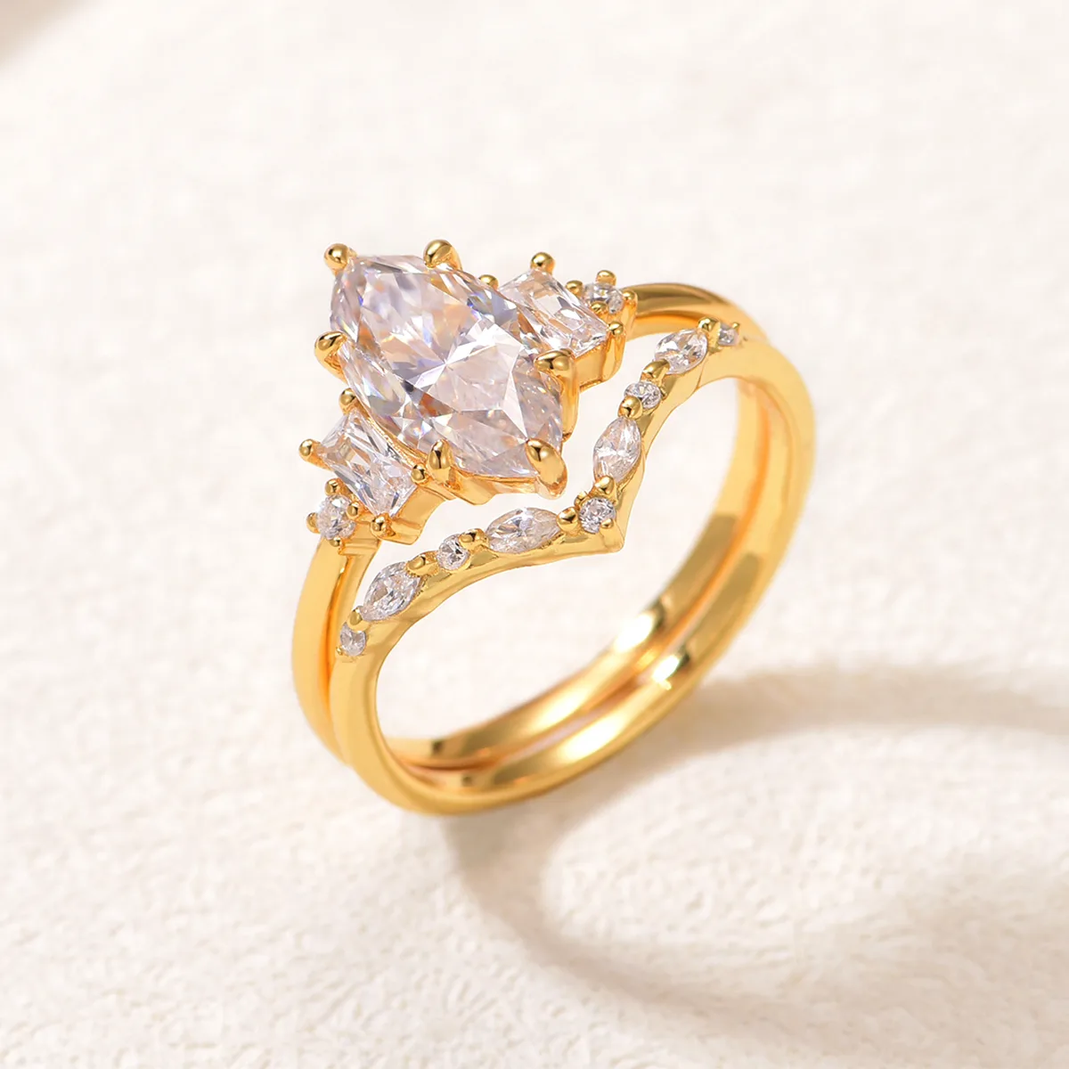 MR0170 S25 Silver 18K Yellow Gold Marquise Moissanite Delicate Bridal Ring Set Center Stone 2.0ct/12*6mm