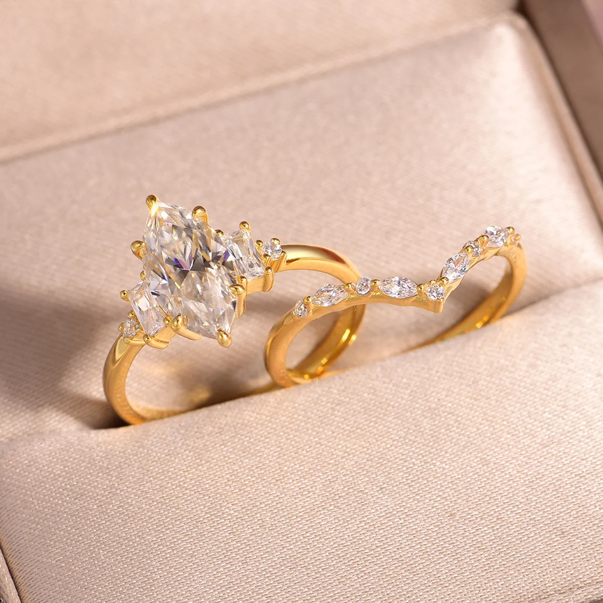 MR0170 S25 Silver 18K Yellow Gold Marquise Moissanite Delicate Bridal Ring Set Center Stone 2.0ct/12*6mm