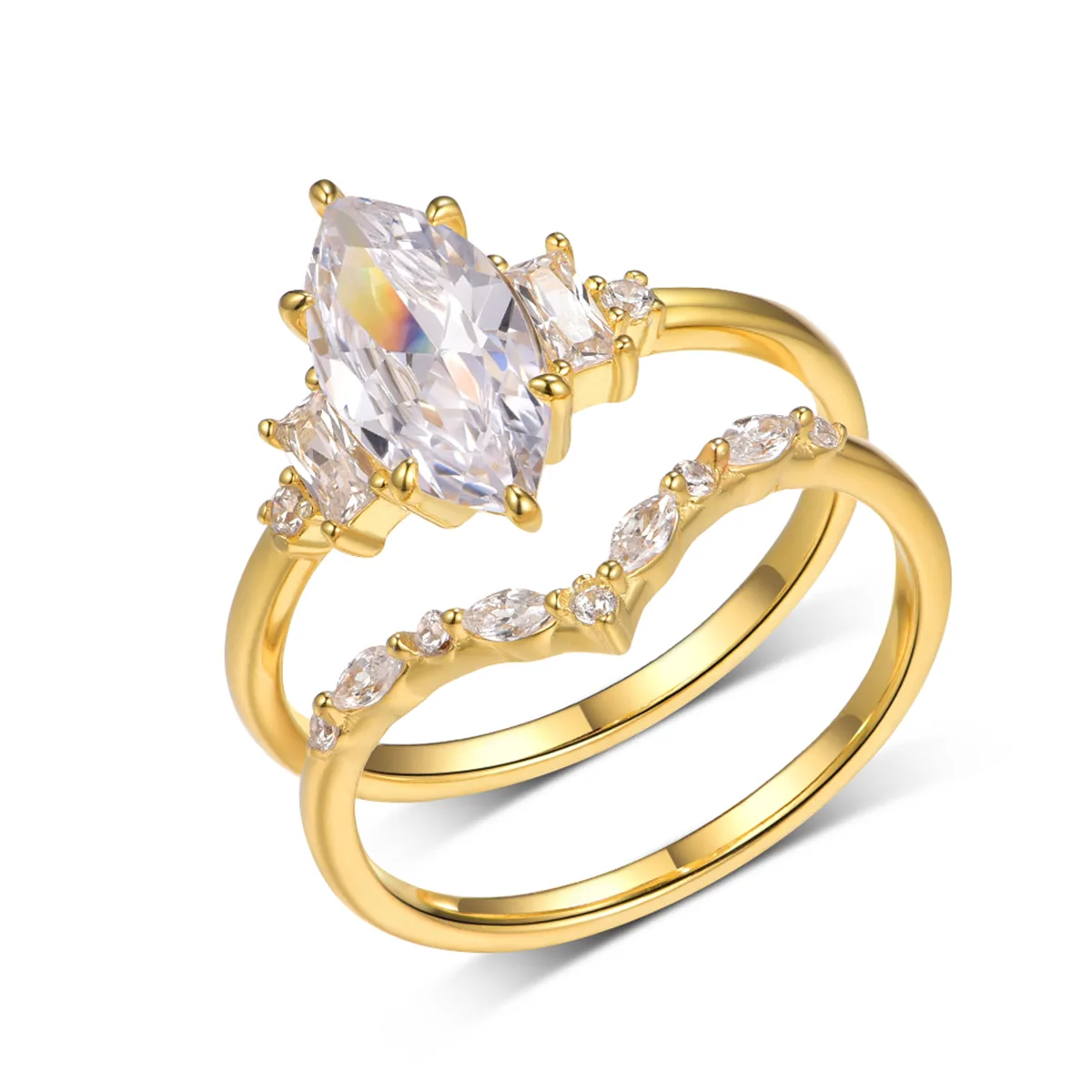 MR0170 S25 Silver 18K Yellow Gold Marquise Moissanite Delicate Bridal Ring Set Center Stone 2.0ct/12*6mm