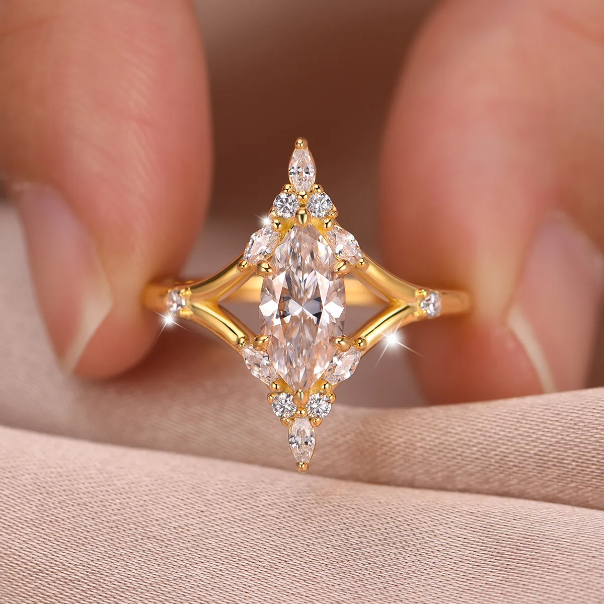MR0182 S25 Silver 18K Yellow Gold Marquise Moissanite Delicate Confession Ring Center Stone 1.0ct/10*5mm