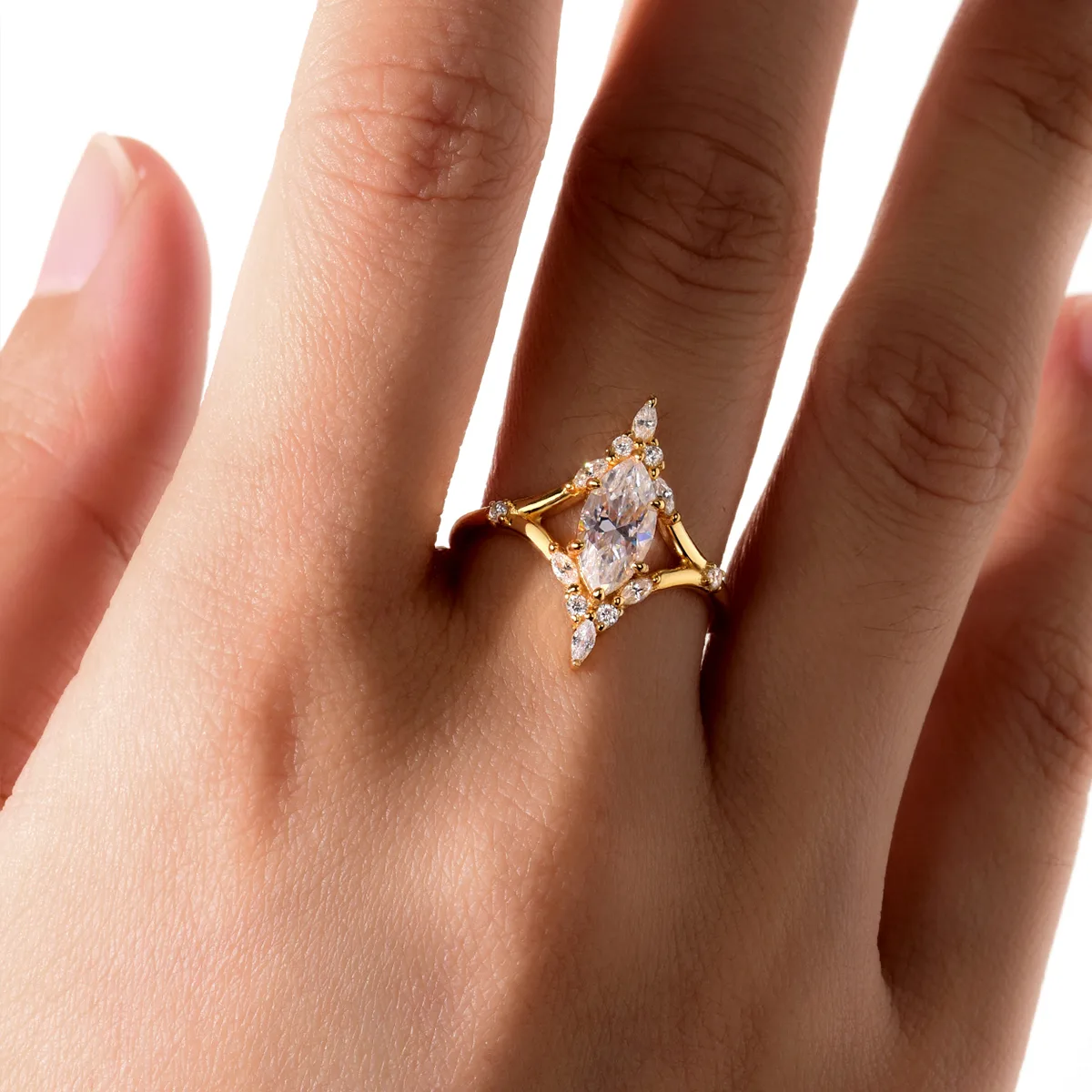 MR0182 S25 Silver 18K Yellow Gold Marquise Moissanite Delicate Confession Ring Center Stone 1.0ct/10*5mm