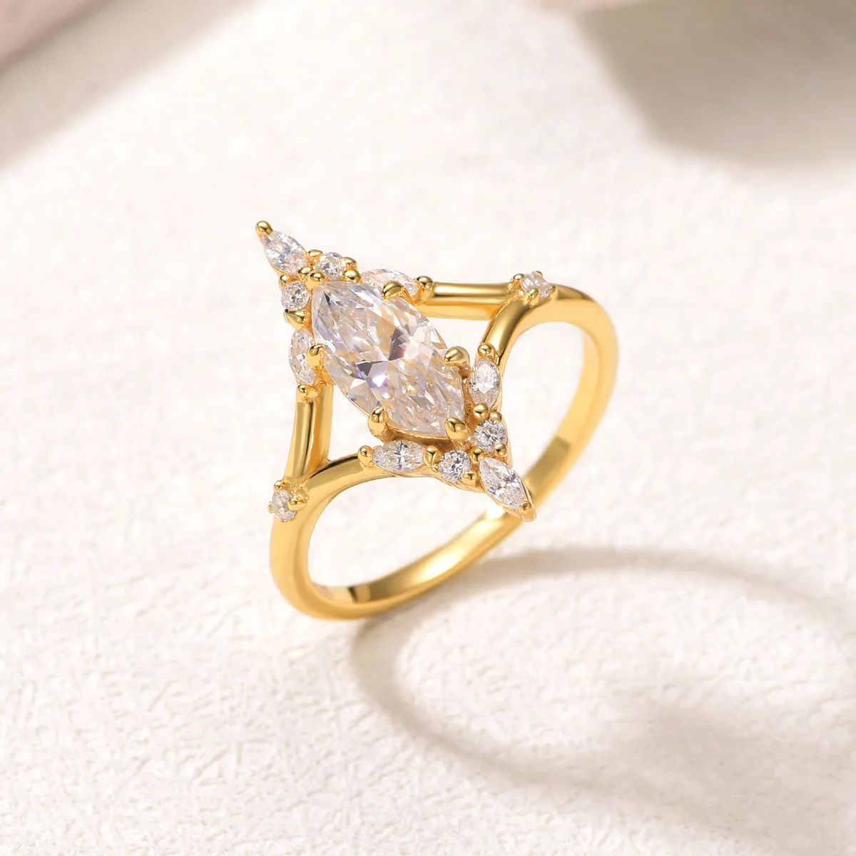 MR0182 S25 Silver 18K Yellow Gold Marquise Moissanite Delicate Confession Ring Center Stone 1.0ct/10*5mm