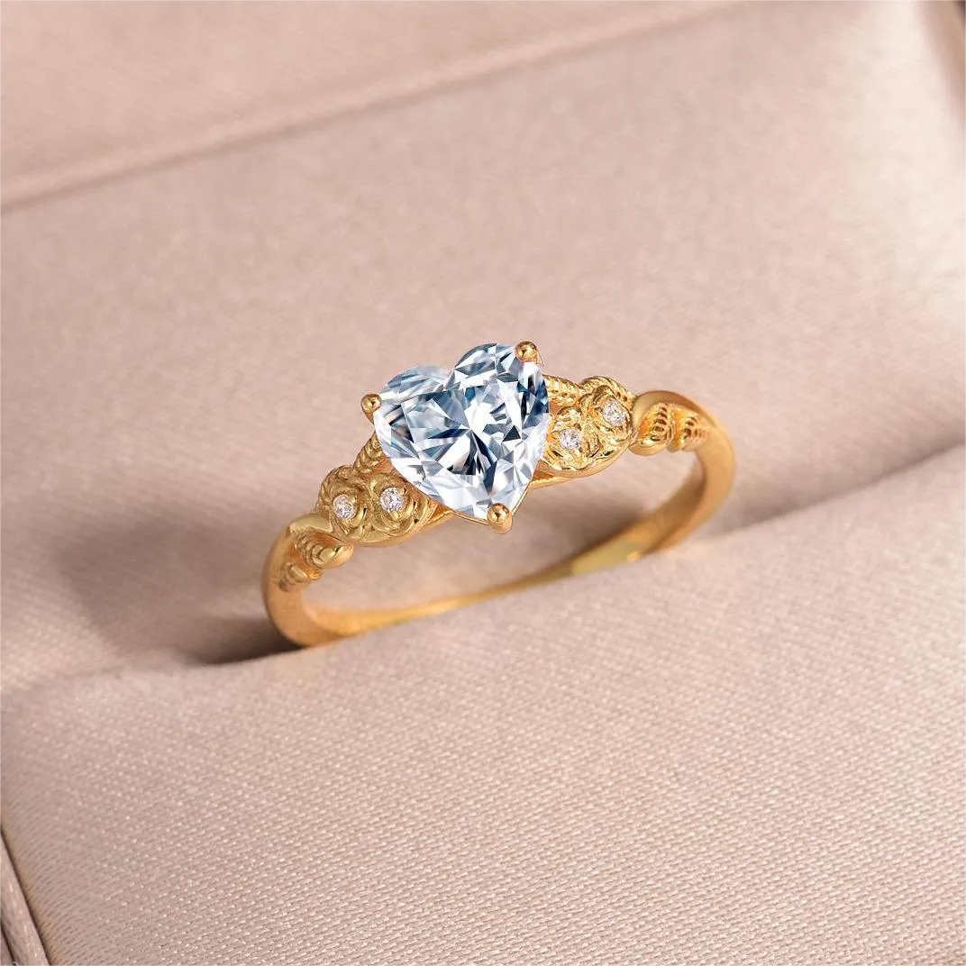 MR0163 S25 Silver 18K Yellow Gold Heart Moissanite Vine Flower Engagement Ring Center Stone 1.5ct/7.0mm