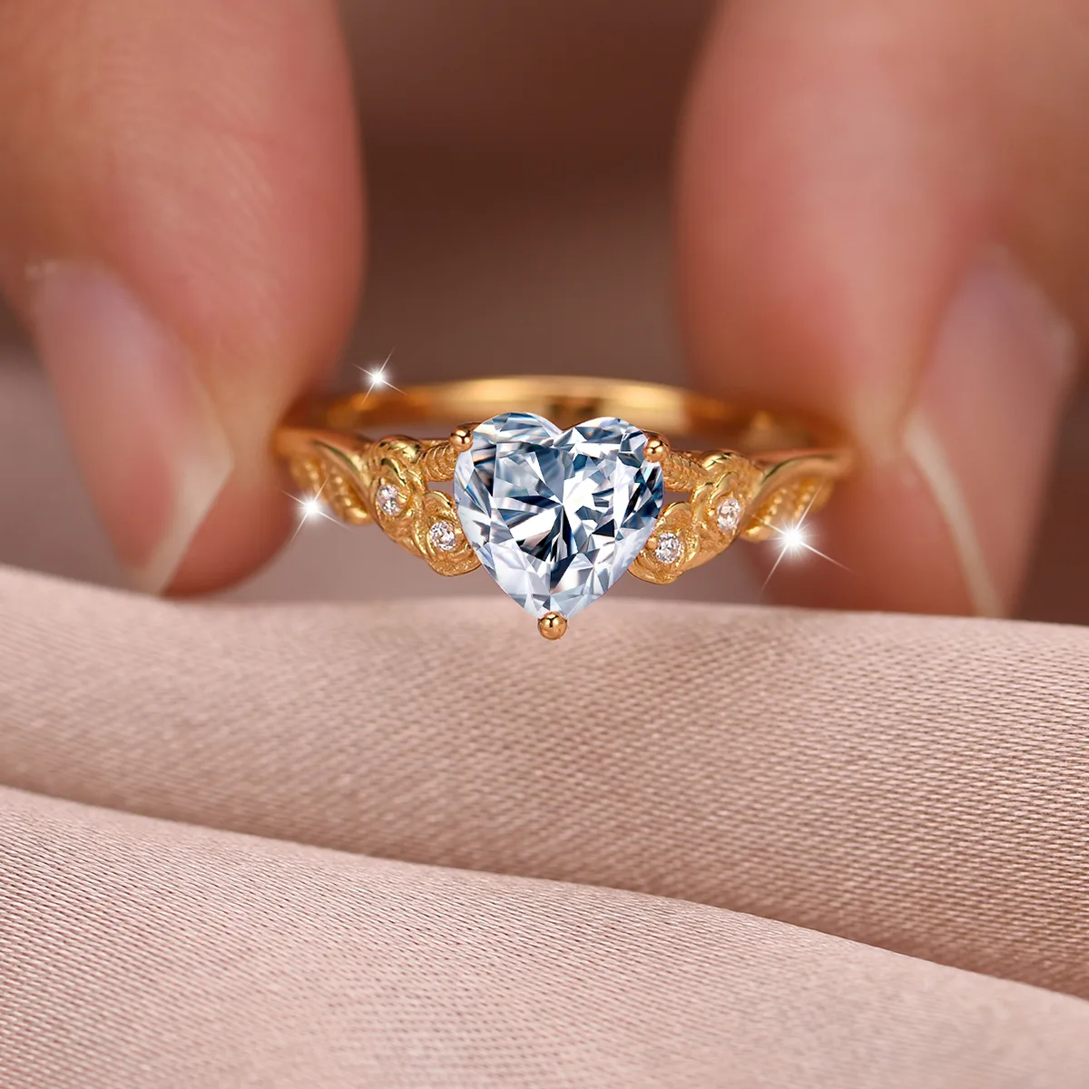 MR0163 S25 Silver 18K Yellow Gold Heart Moissanite Vine Flower Engagement Ring Center Stone 1.5ct/7.0mm