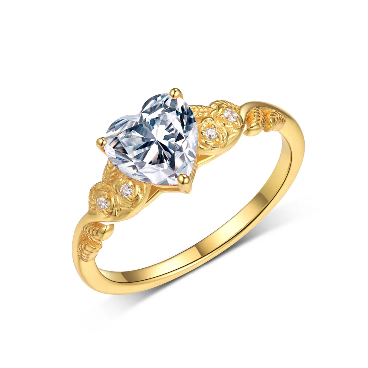 MR0163 S25 Silver 18K Yellow Gold Heart Moissanite Vine Flower Engagement Ring Center Stone 1.5ct/7.0mm