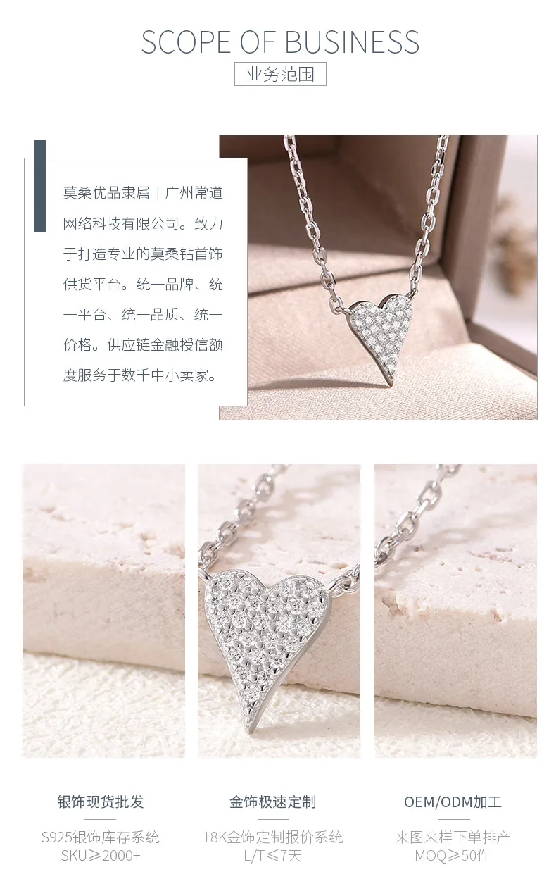 MP0025 S925 Silver 18K White Gold Full Pavé Moissanite Heart Necklace 0.15ct det